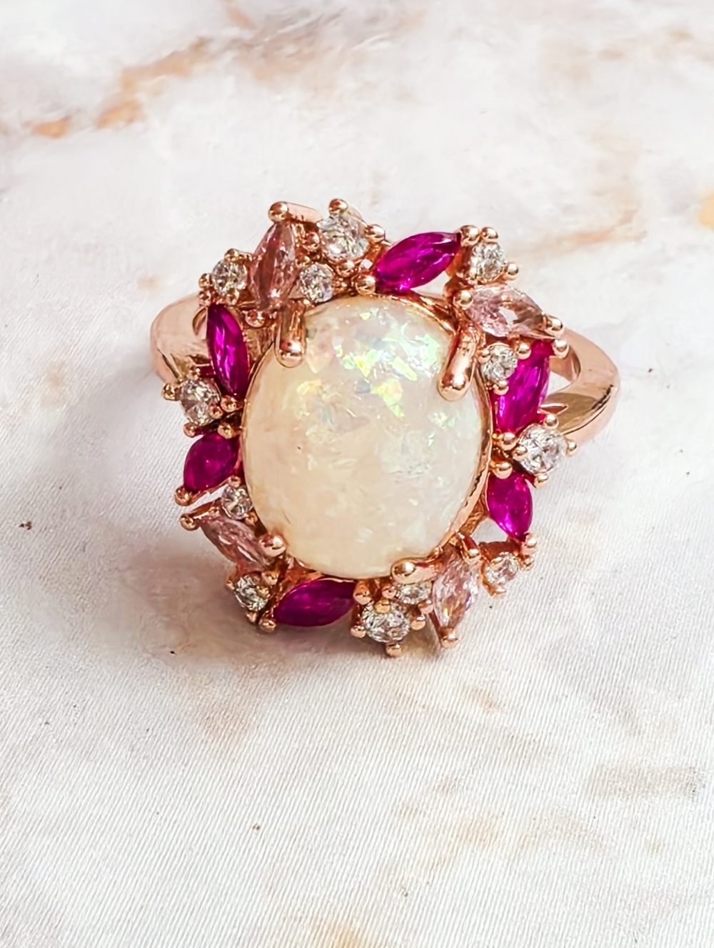 Vintage Inspired Rose Gold Pink Crystal Ring Marquise Leaf Art Deco Style Size 7